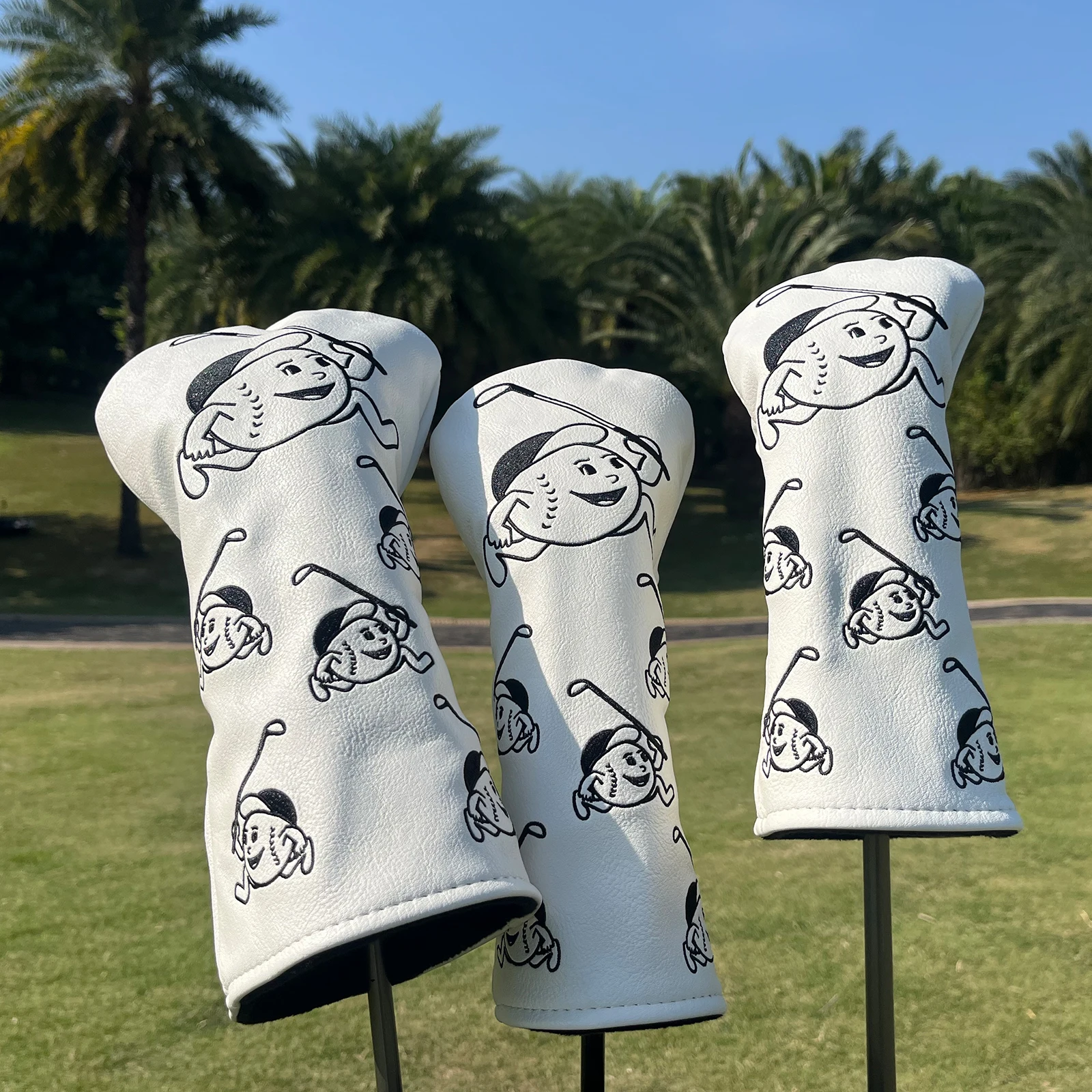 Golf Club Headcovers White Premium Leather Cute Golfer Head Covers Set Golf Club Headcovers for Driver Fairway Hybrid Wood Numbe