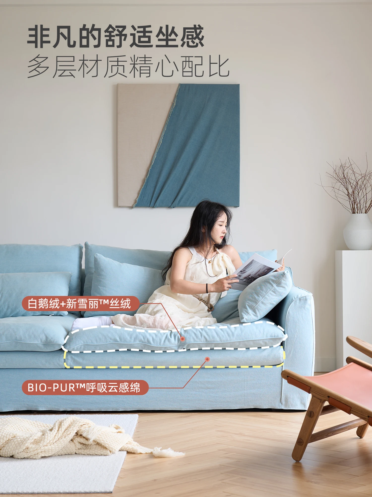 أريكة من قماش الدنيم وابي سابي مصنوعة من القطن والكتان مع كتان قابل للفصل والغسل على طراز كريمي #4