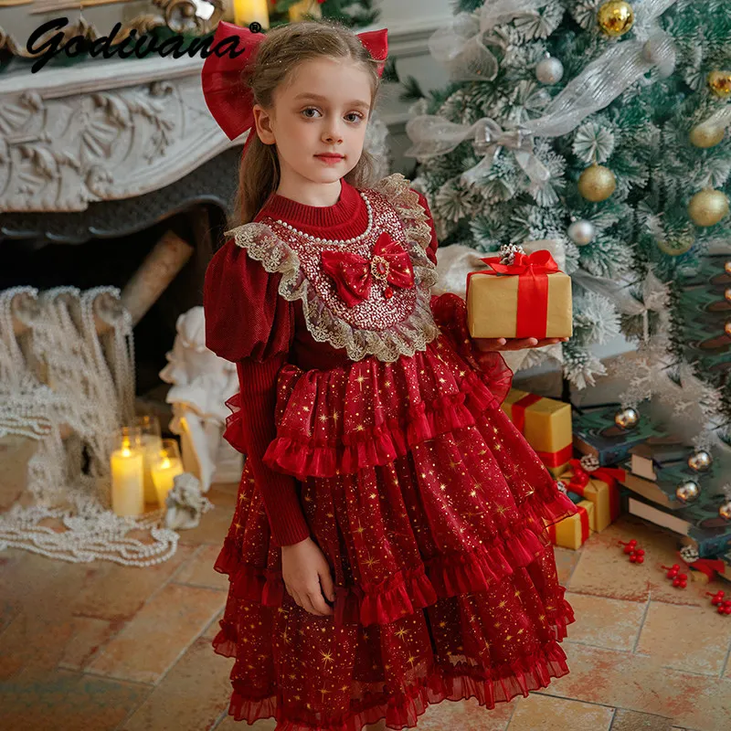 Authentic Sweet Baby Girls Winter Red New Year Princess Lolita Dress Kids Long Sleeve Sweater Patchwork Sequin Ruffle Trim Dress
