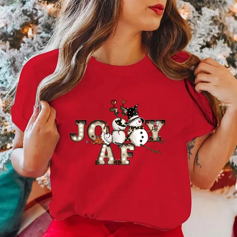 เสื้อยืดพิมพ์ลายตัวอักษรใหม่คริสต์มาส JOY AF Snowman สำหรับผู้หญิงเสื้อยืดแขนลำลองขาสั้นคอกลม