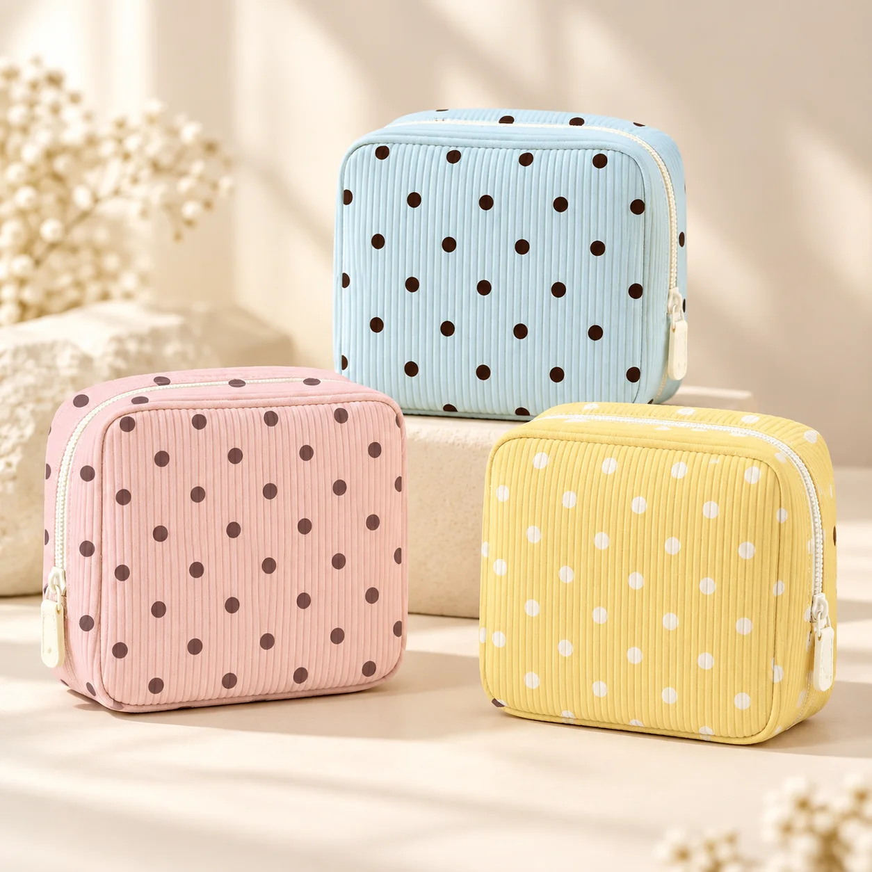 Cosmetic Bag Printed Polka Dot Corduroy Pouch Travel Toiletry Organizer Women Sanitary Pad Storage Bag Portable Makeup Case