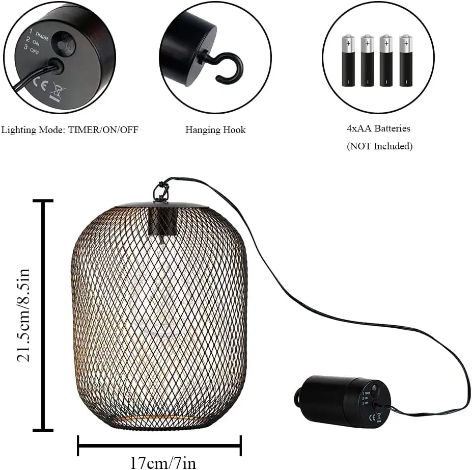 Lampa wisząca na baterie, bezprzewodowa, dekoracyjna lampa wisząca, metalowe latarnie z siatki do domu, ogrodu, na patio, do użytku wewnątrz i na zewnątrz.