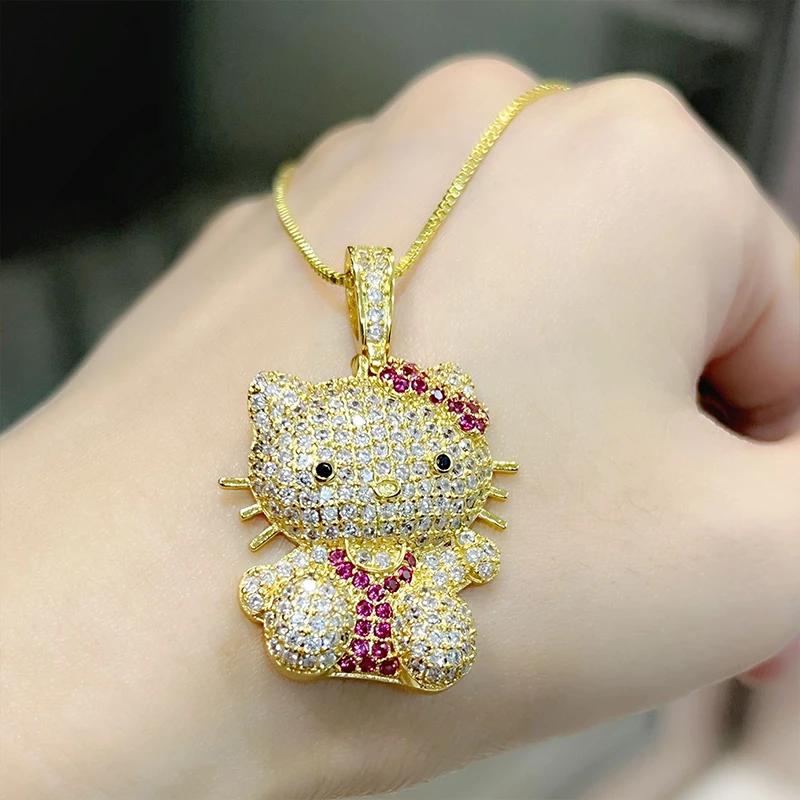 Hello Kitty stile hip-hop carino dolce collana con ciondolo con diamanti pieni di lusso ciondolo gatto cartone animato elegante regalo per ragazze gioielli di moda