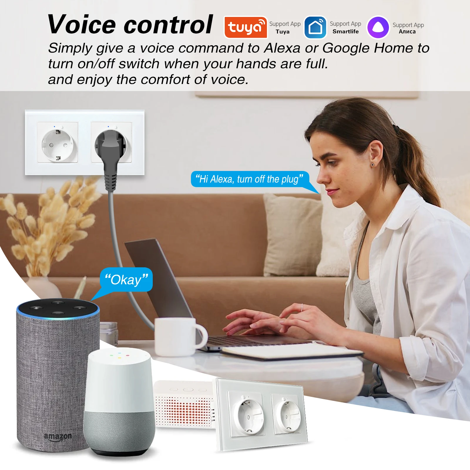 UBARO EU 153*82 Tuya Wi-Fi Smart Wall Sockets Glass Panel Work Google Home Alexa Yandex Alice Voice Remote Monitor Timing Outlet