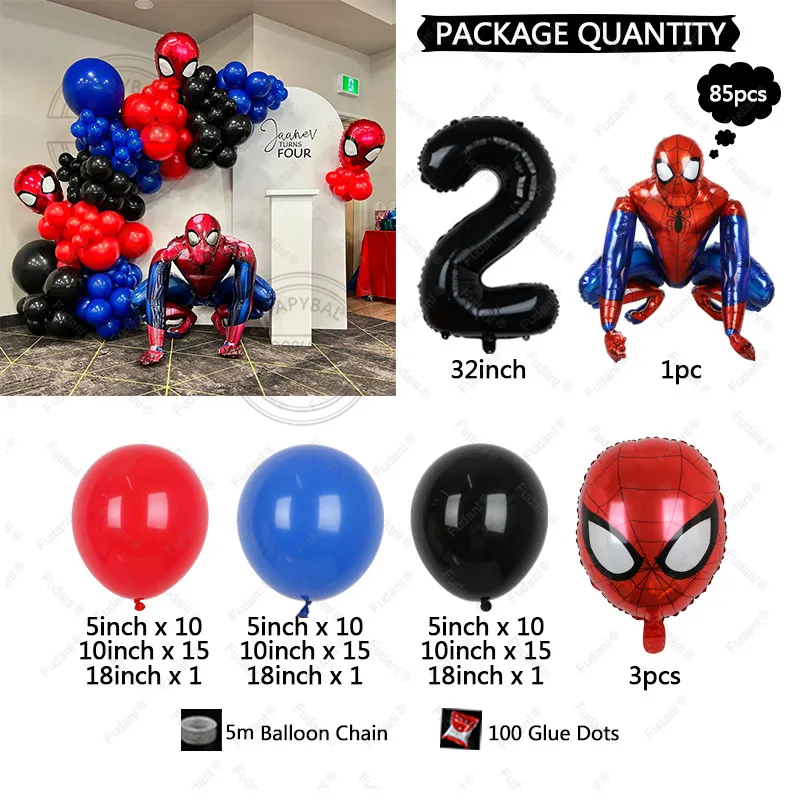 85pcs Red Blue Black Latex Balloon with 3d Spider-Man Balloon Kit Marvel Superhero-themed Balloons for Boy Birthday Party Decor