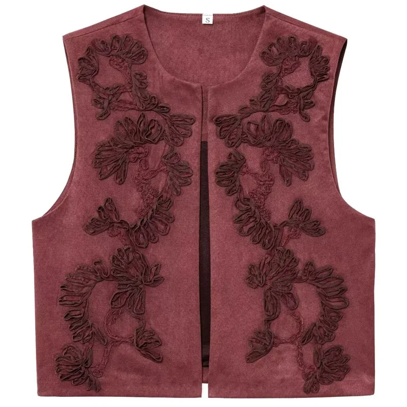 HXAO المرأة سترة المحاصيل المطرزة صدرية 2025 الربيع الجلد المدبوغ سترة دون أكمام البني الأحمر سترة أنيقة أنيقة Giletes للنساء