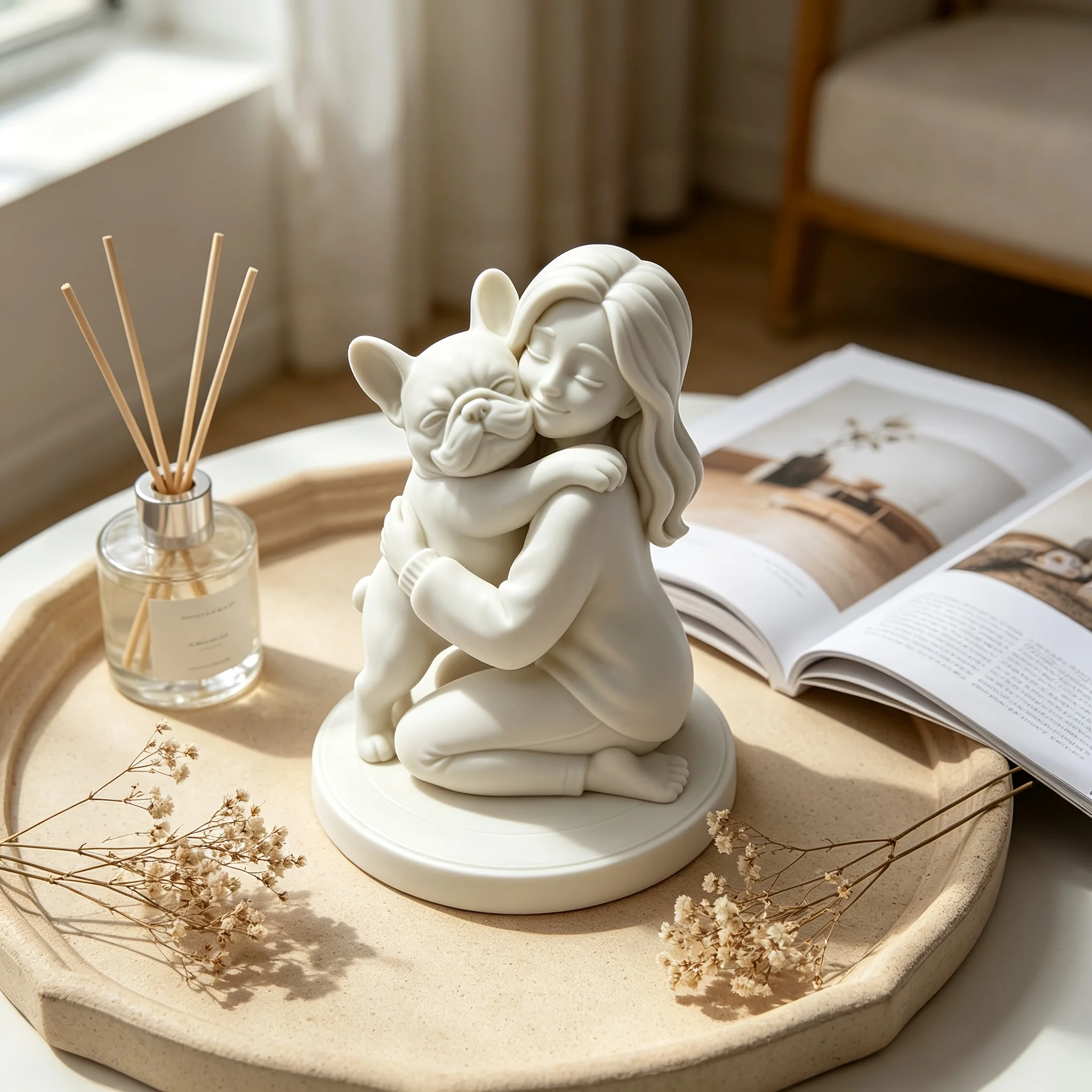 Heartwarming Statue of a Lady Hugging a French Bulldog, 1 Piece Desktop Pet Sculpture Home Decor Craft, Suitable for Coffee Tables, Tv Cabinets, Bedroom Desks, Ideal Gift for Dog Owners, Pet Lovers, or as a Housewarming Gift