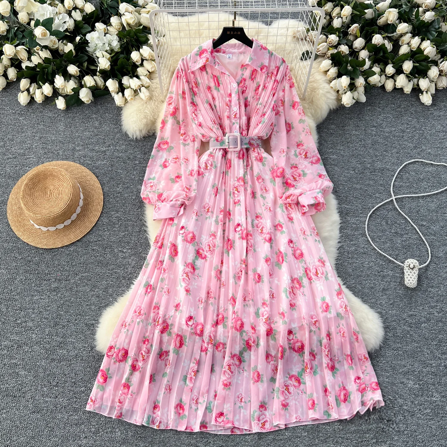 

French Polo neck Lantern Sleeve korean fashion floral dress women's summer waist Single Breasted chiffon dresses