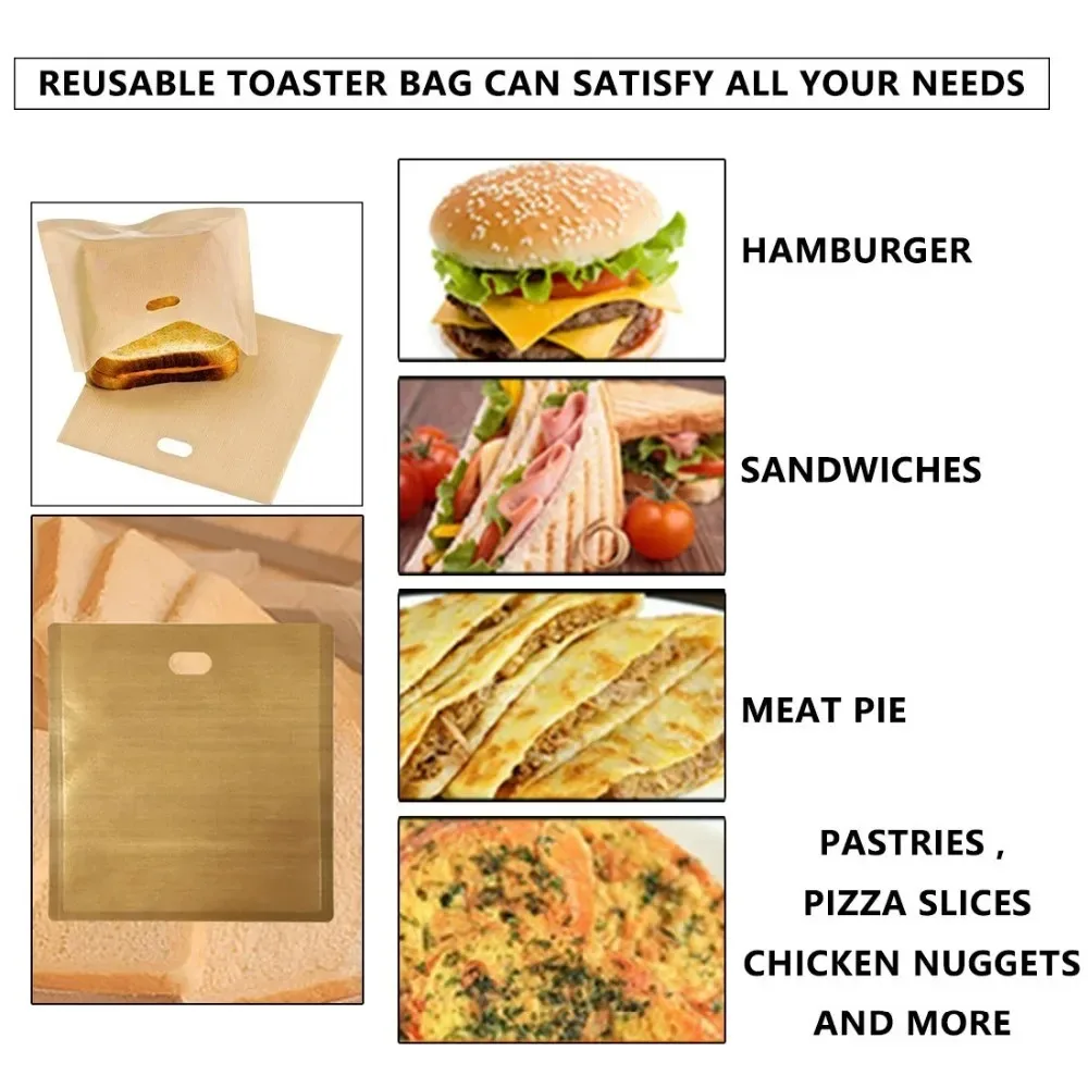 

1PC Polyester Reusable Toaster Bag Snack Organizer Reusable Sandwich Bags Baking Sheets Microwave Heating Non Stick Bread Bag