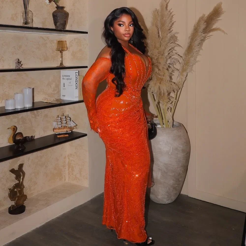 Vestidos de Noche elegantes de sirena de encaje, vestido de fiesta de talla grande de manga larga, vestidos de cumpleaños para mujer Aso Ebi