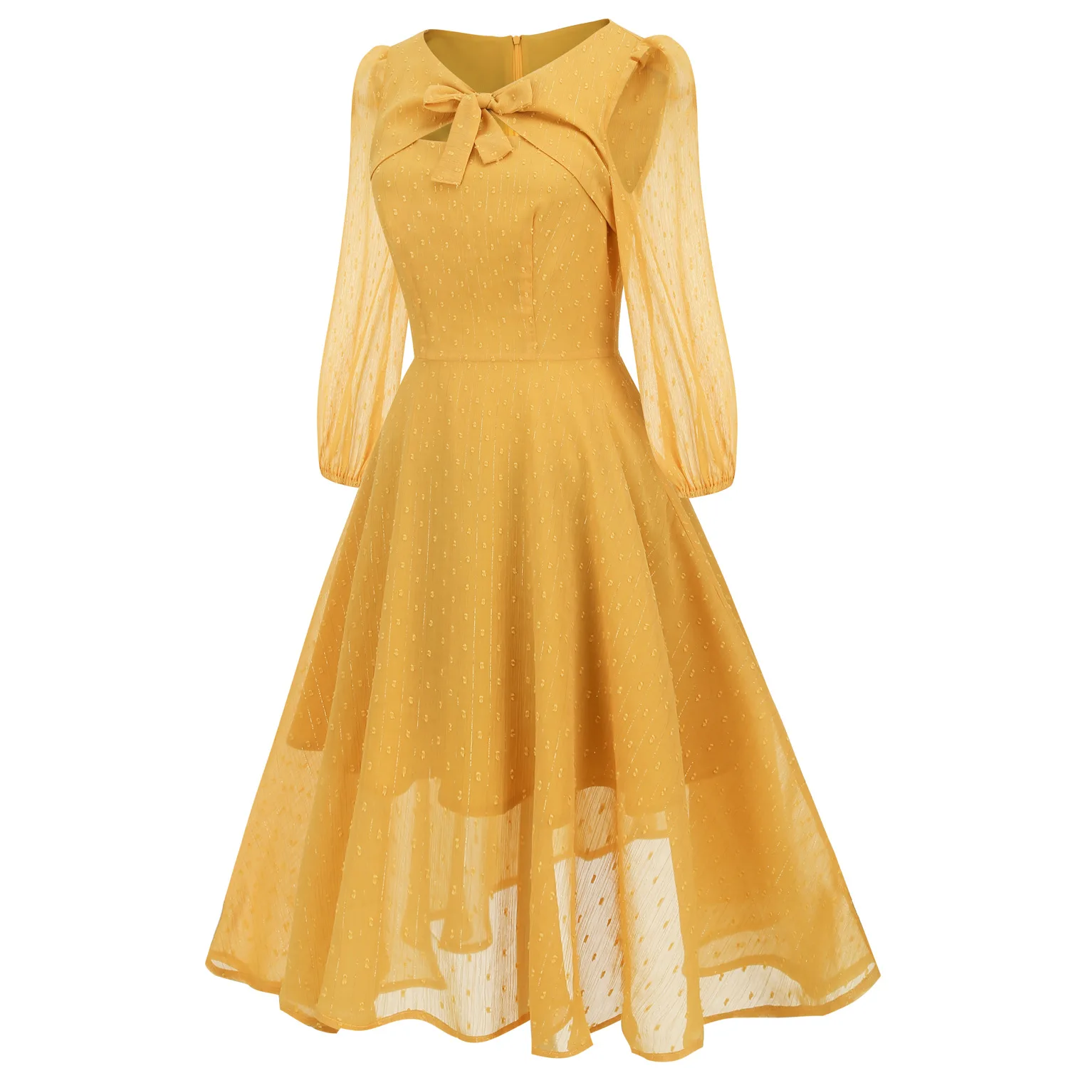 -style Vintage French Romantic Cut-out Bow with Puff Sleeves and Flowing Midi Chiffon Dress