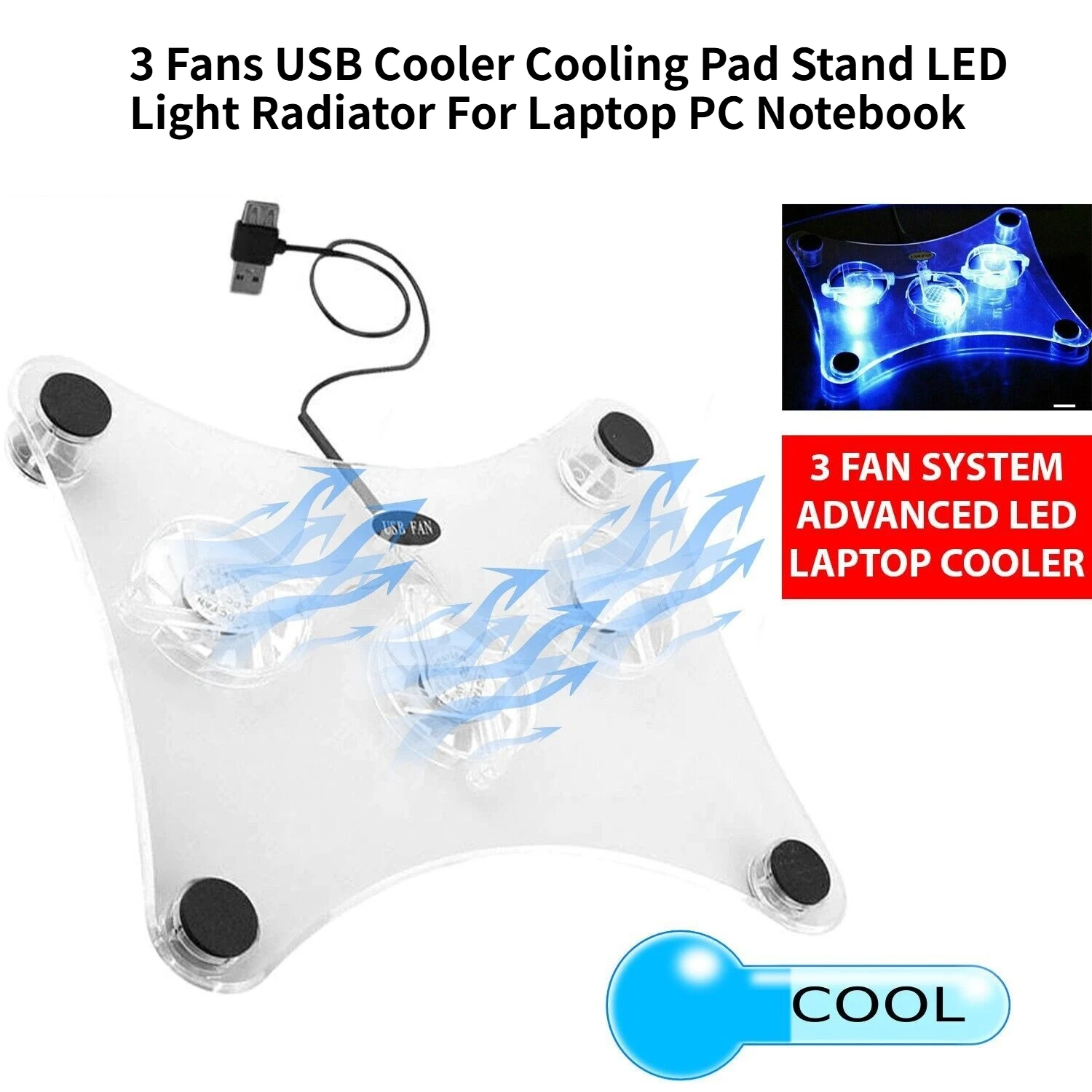 3 Fans USB Cooler Cooling Pad Stand LED Light Radiator For Laptop PC Notebook