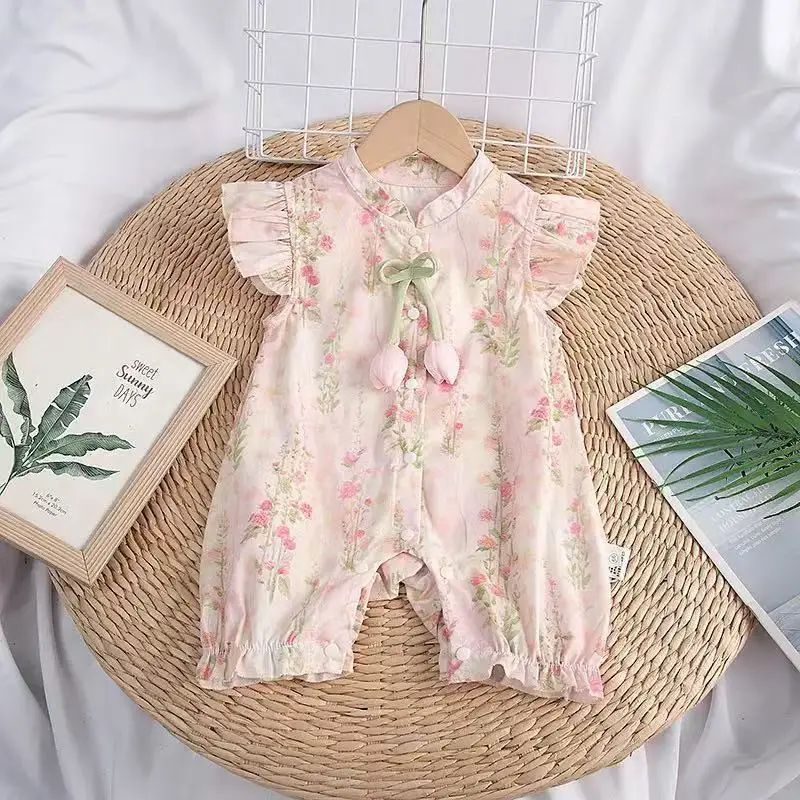 

Summer Newborn Girl Bodysuit 0-3Y Baby Girl Flying Sleeve Floral Ruffled Shorts Romper for Infants Flower Decor Romper Clothes