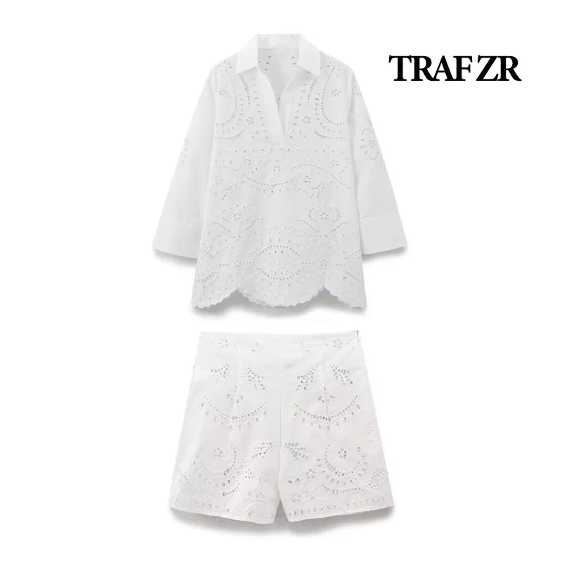 TRAF ZR Shorts Sets Vacation Outfits Woman 2024 Solid Basics Set Fashion Summer Embroidery Sets Elegant Casual Women\'s Set