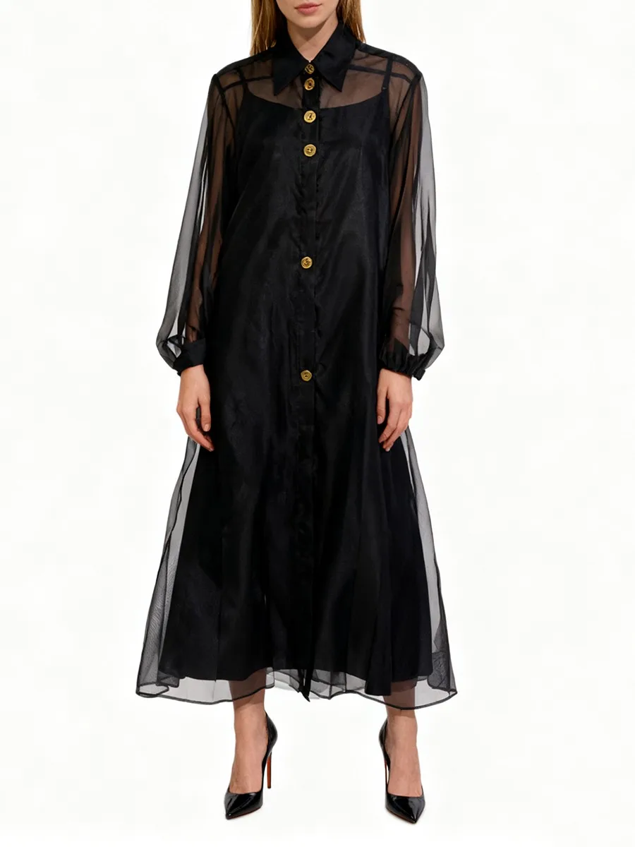 TWOTWINSTYLE Solid Loose Sheer Spliced Single Breasted Dresses for Women Lapel Long Sleeves Minimlaist Dress Female Clothing New