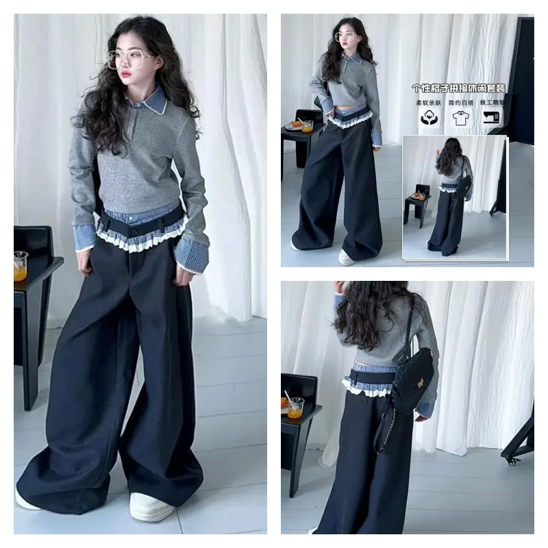 

Лидер продаж, модный пуловер для девочек, брюки, студенческий осенний повседневный спортивный костюм с героями мультфильмов, широкие брюки, комплект из 2 предметов, детская одежда