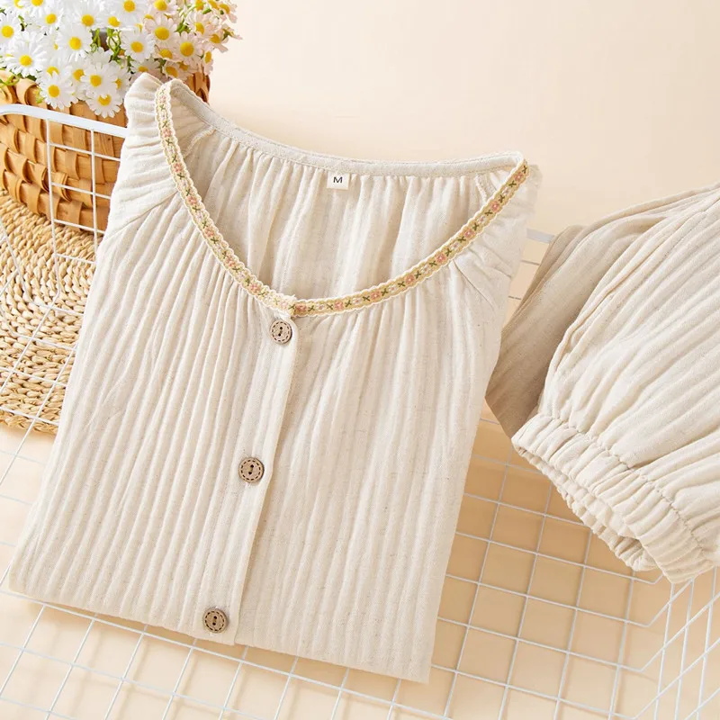 

Повседневный женский пижамный комплект, хлопково-льняная одежда для сна, пижама, осенне-зимний домашний костюм для женщин, ночная одежда большого размера, женская одежда