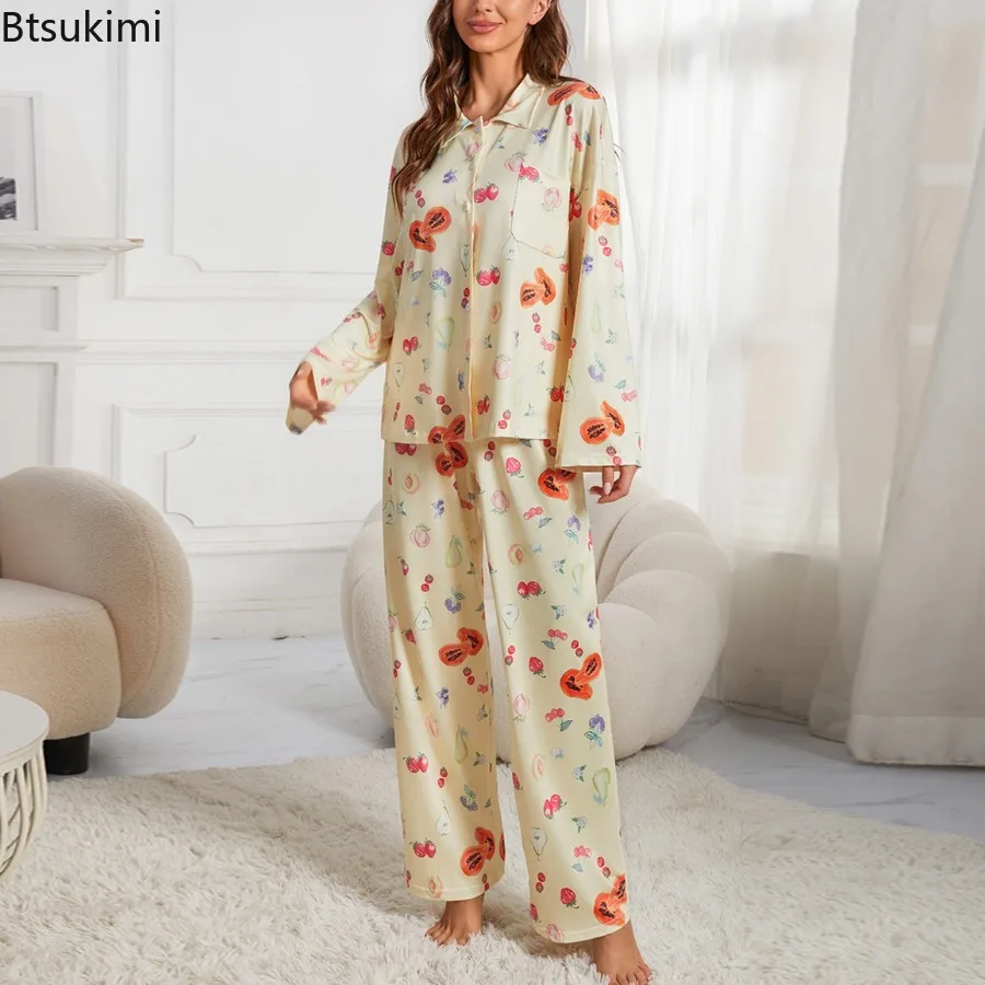 2025 Women's Casual Flower Print Pajama Set Long Sleeve Button Shirt with Pocket and Loose Wide Leg Pants Pajama Sets Sleepwear - Image 4