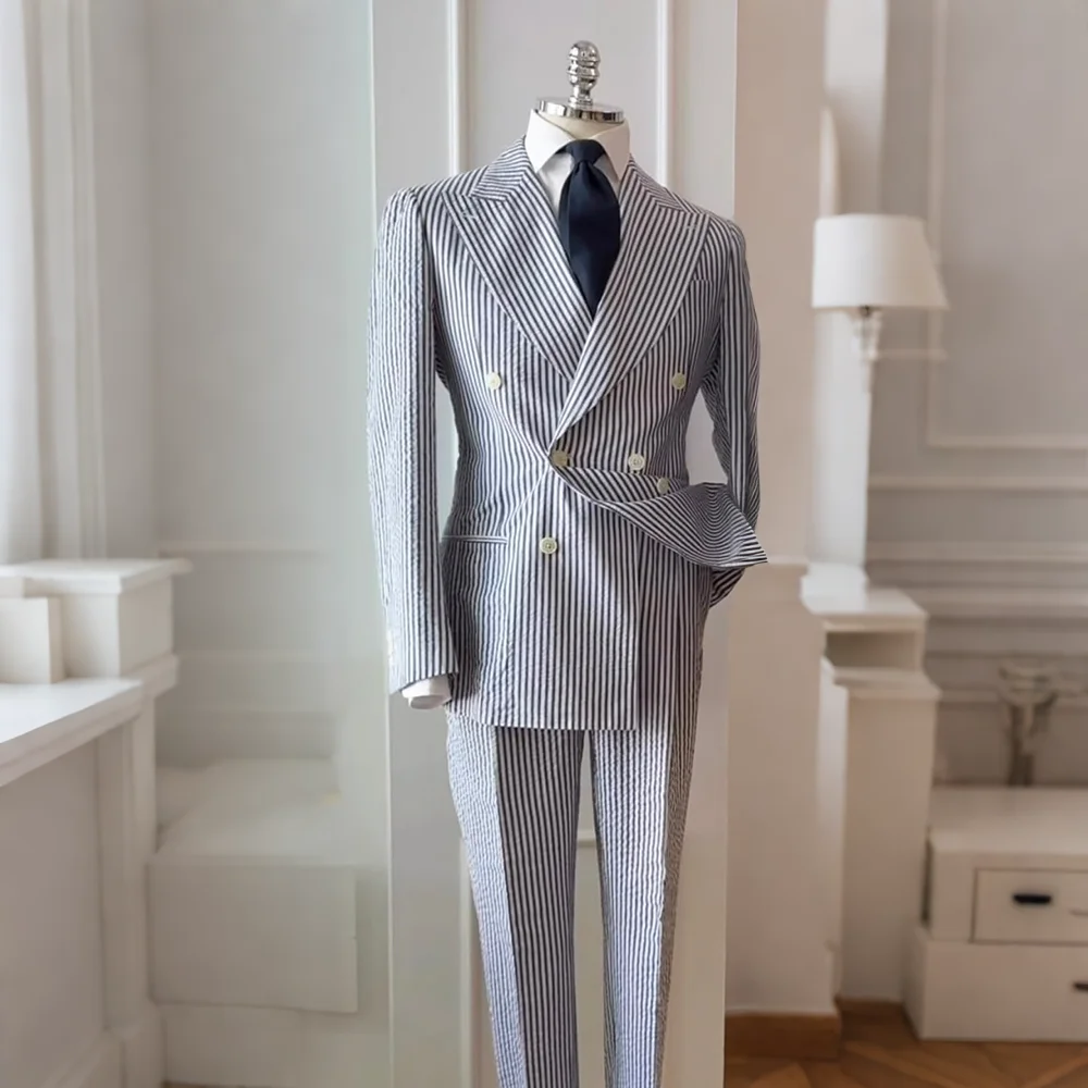 

Classic Men's Navy Blue White Stripe Seersucker Double Breasted Suit Summer Breathable Casual 2-Piece Set Beach Wedding Outfit