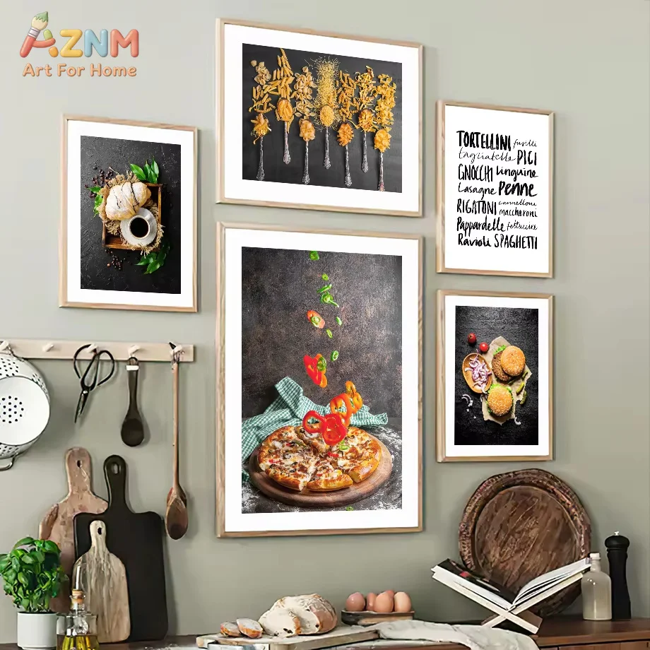 AZNM Italian Food Canvas Wall Art Pasta Pizza Burger Bread Vintage Dark Background Kitchen Dining Unframed Canvas Decor Poster