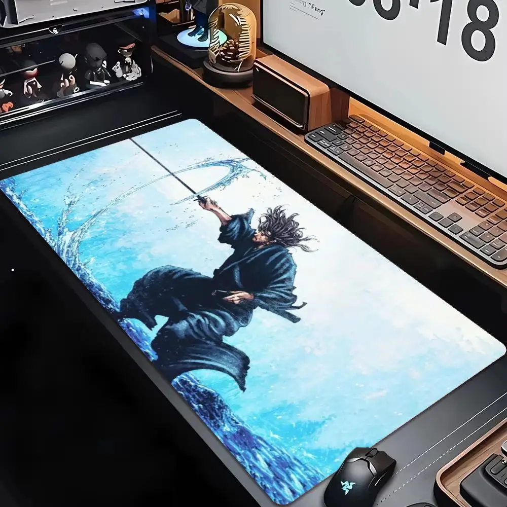 Large XXL Game Mousepad Ink Style Japanese Samurai Katana Grim Reaper Skeleton Moon Deskmat Non-Slip Rubber Keyboard Mouse Mats