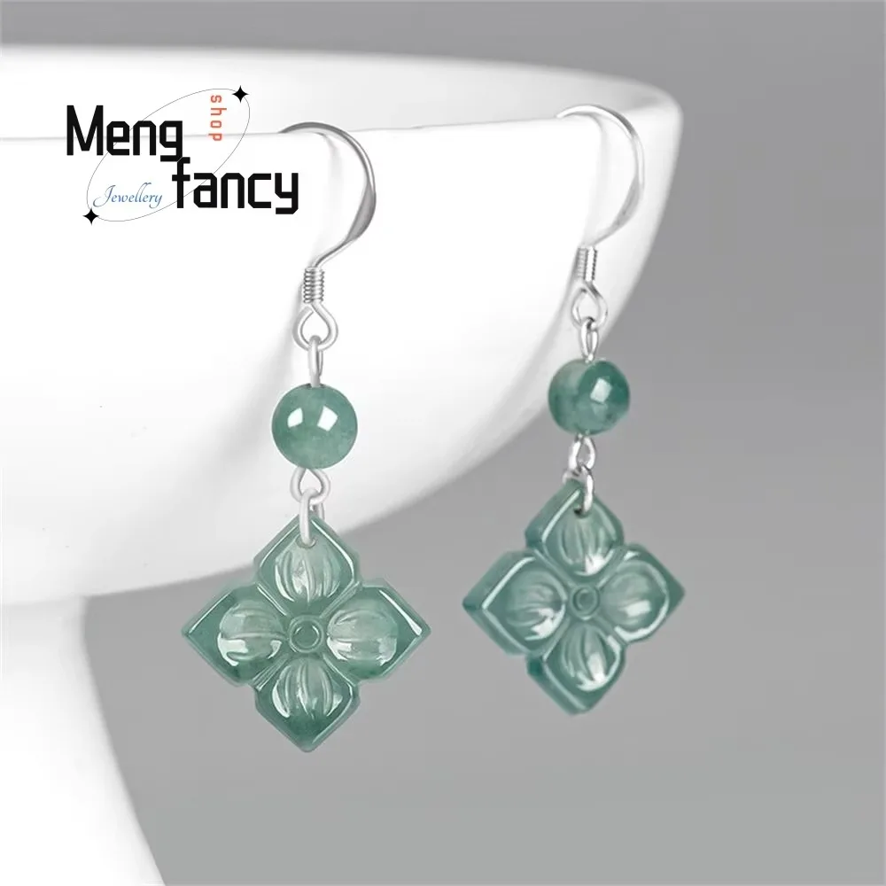 S925 Silver High-grade Natural A-goods Jadeite Blue Water Ice Jade Earring Exquisite Best Selling Luxury Fashion Elegant Jewelry
