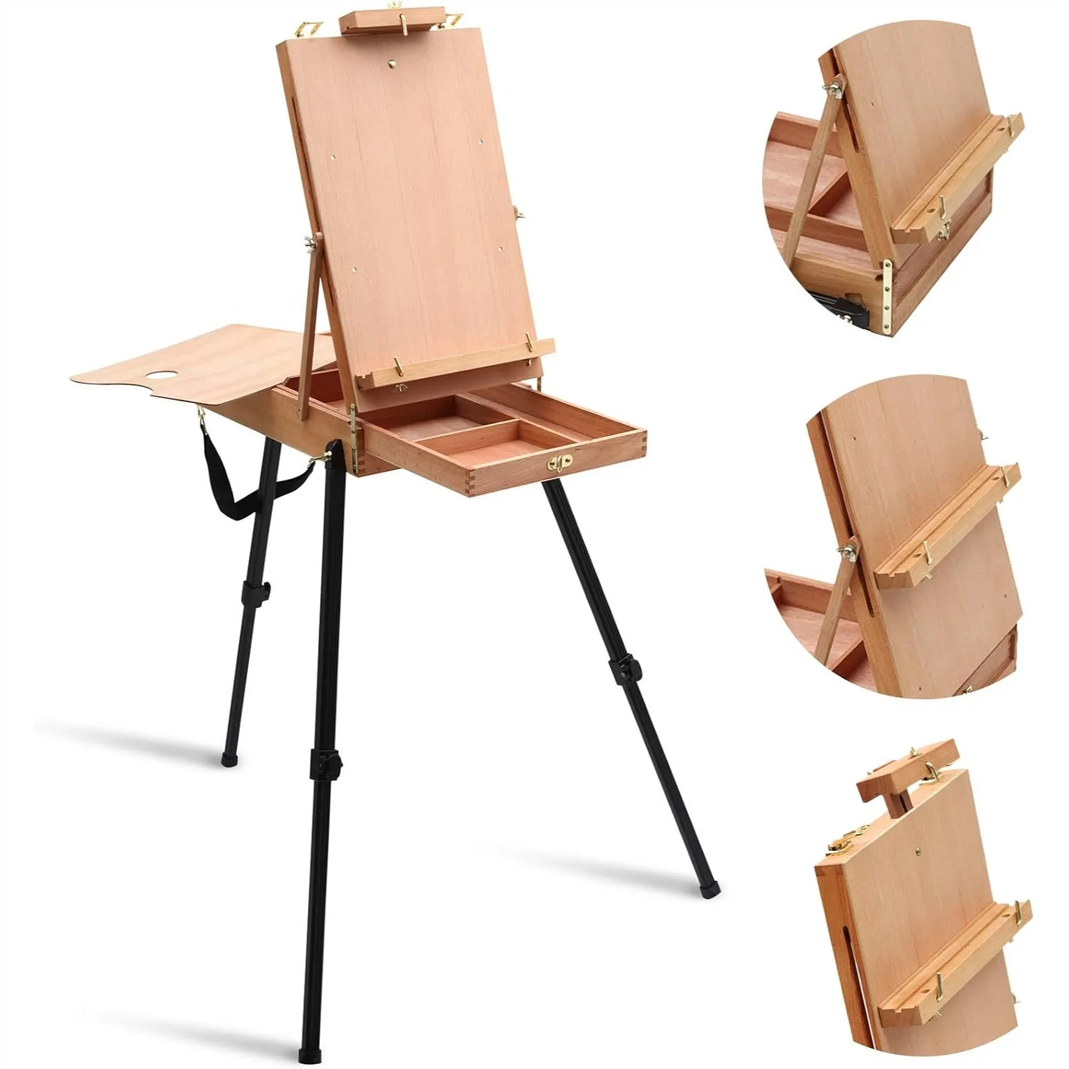 

Lightweight French Style Field Easel with Aluminum Tripod, Adjustable Beechwood Standing Easel with Drawer and Palette