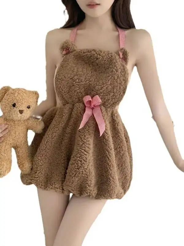 New Plush Backless Short Dress Loose Simple Neck Hanging Bears Anime Cute Maid Clothes Dress Summer Indie Clothing Style VU2R