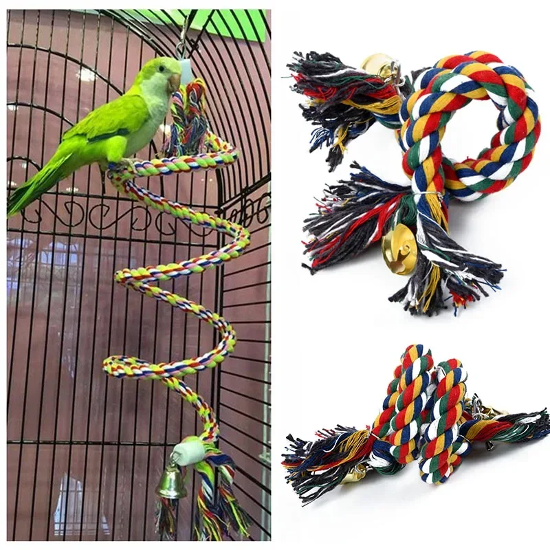 Parrot Birds Stainless Steel Cotton Rope Toy Hanging Rope With Hook 50cm Training Hang Swings Birds Cage Supplies