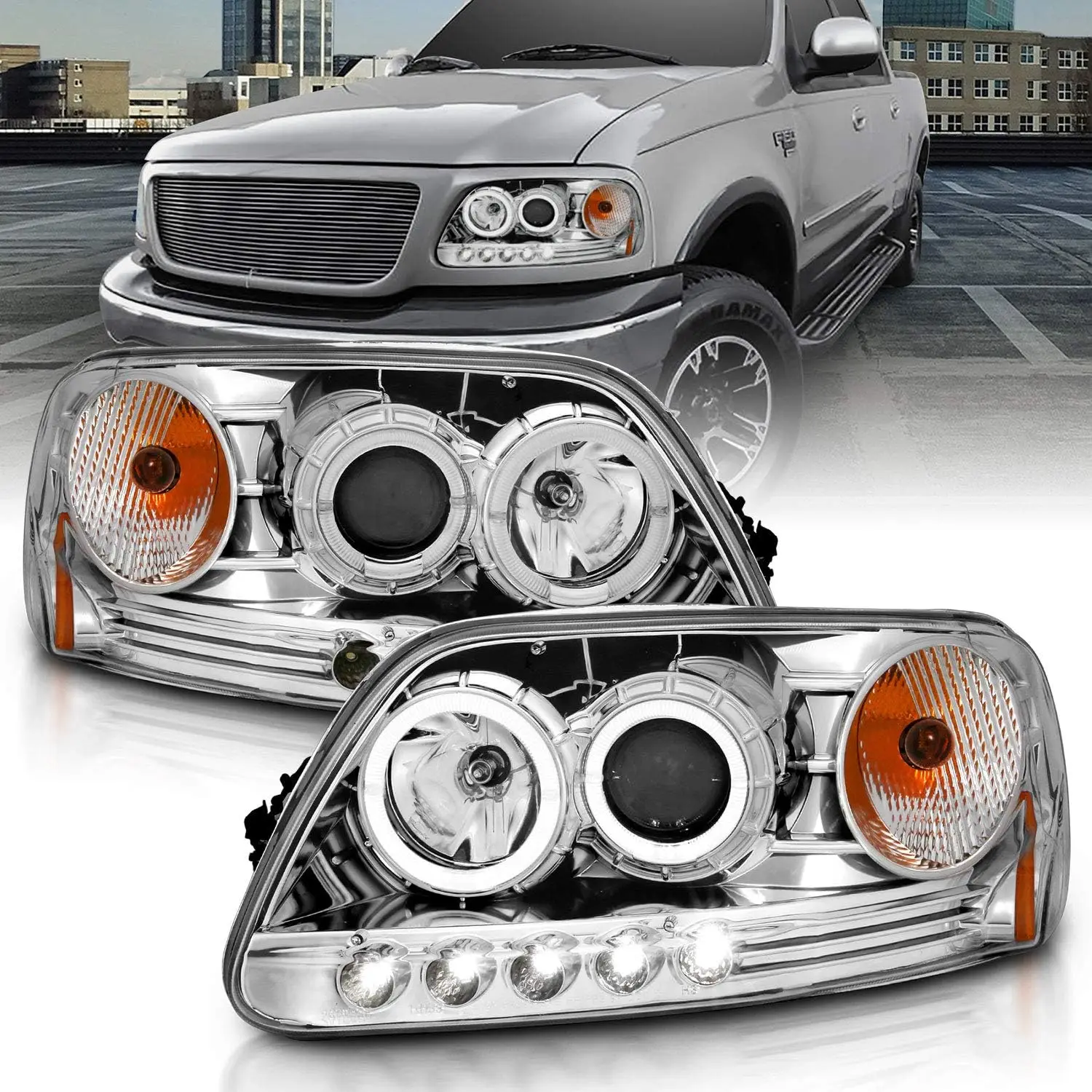 

for 1997-2003 Ford F150 / Expedition Chrome Projector LED Dual Halo Ring Replacement Headlights Pair - Passenger and Driver Side