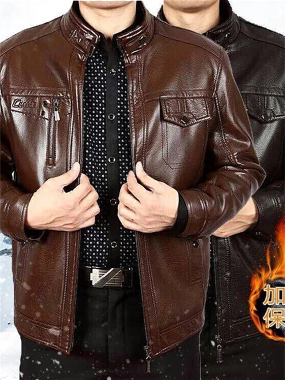 

Men's Winter Thiened Fce Lined Loose Large Size Stand Collar Leather Jaet Dad Sle Outerwear Brand ort Coat
