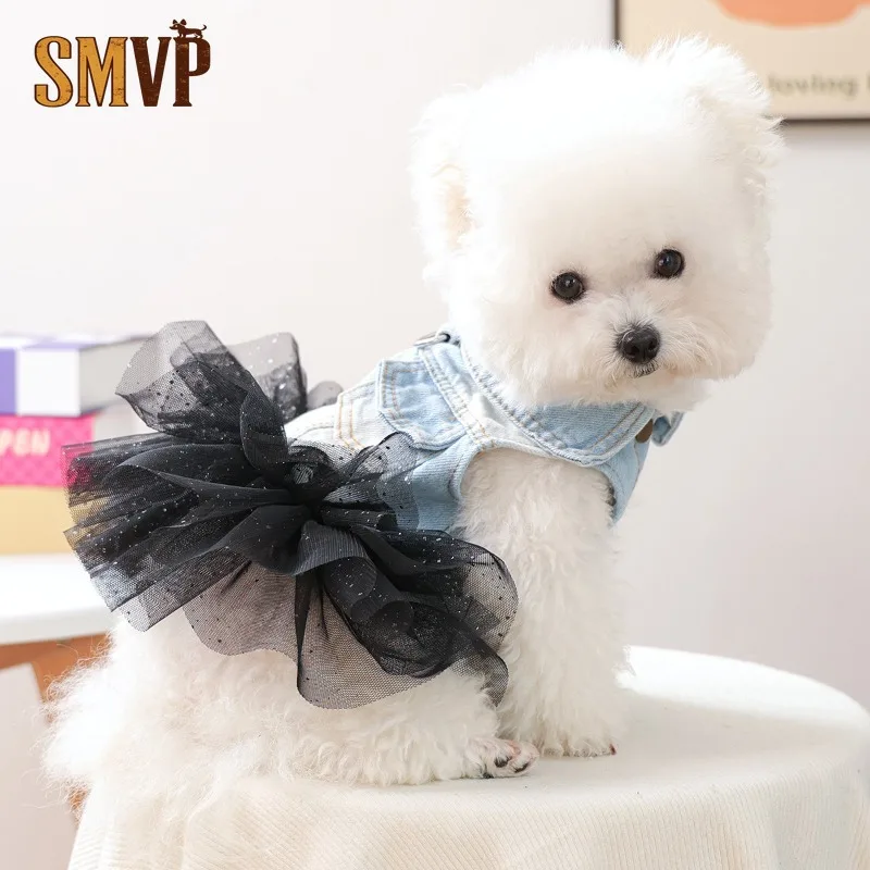 

Spring and Summer Soft Denim Splicing Black Yarn Princess Dress Cute Sweet Cool Style Pet Cat Small Dog Clothes Puppy