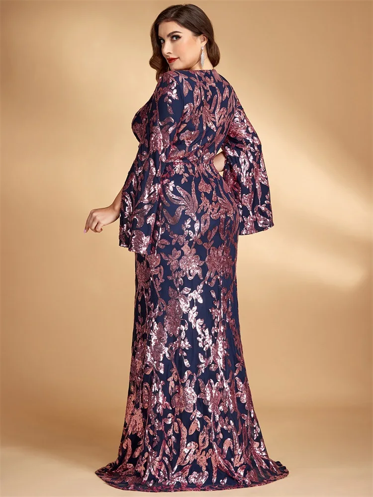 Middle East Large Size New Sequined Split Long Sleeve Evening Dress Temperament Slim-Fit Fishtail Skirt Toast Party Dress