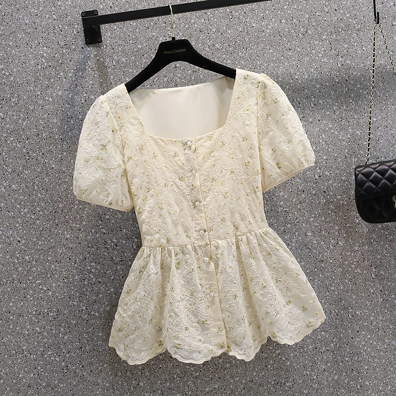 2023 Summer New French Elegant Embroidery Square Neck Shirt Fat MM Sweet Loose Short Sleeve Shirt