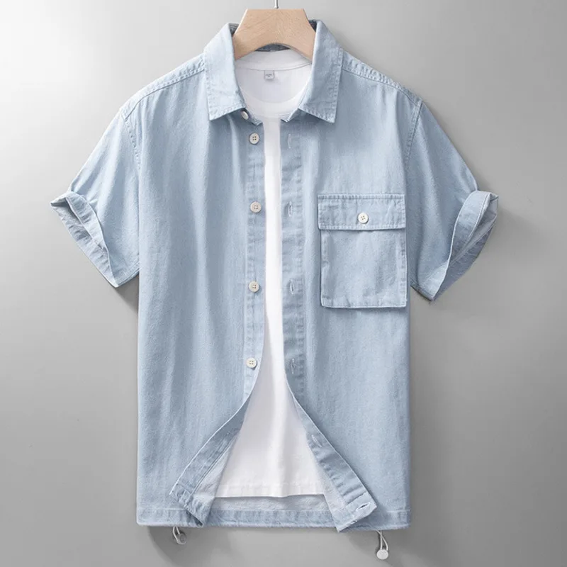 Japanese Retro Cargo Loose Fitting Denim Shirt For Men Summer Large Pocket Workwear Male Short Sleeve Shirts