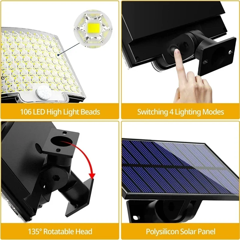 LED Solar Motion Light com painel separado Luzes de inundação ao ar livre Jardim e Garagem Luzes de parede impermeáveis 4 modos de trabalho 106