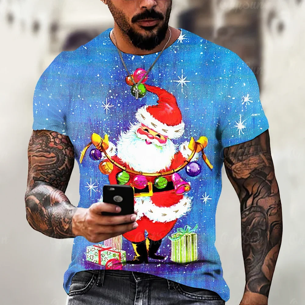 Camiseta navideña para hombre con estampado de Papá Noel en 3d, pantalón corto informal de calle, blusa Harajuku de manga, ropa holgada de talla grande para hombre