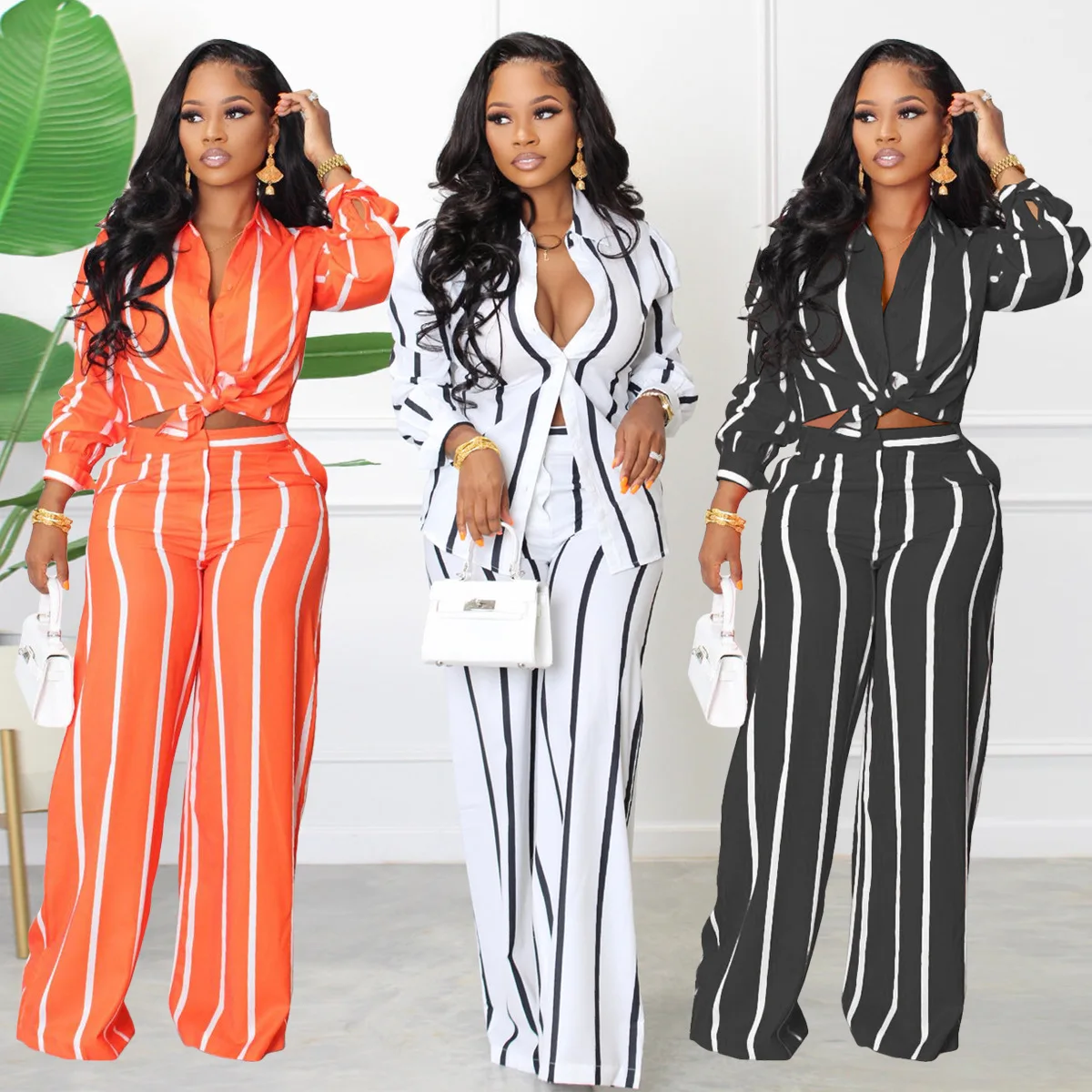 

Women's Suit Outfits Long Sleeve Shirts High Waist Wide Leg Pants Two Piece Sets Female Elegant Fashion Casual Lady Suit
