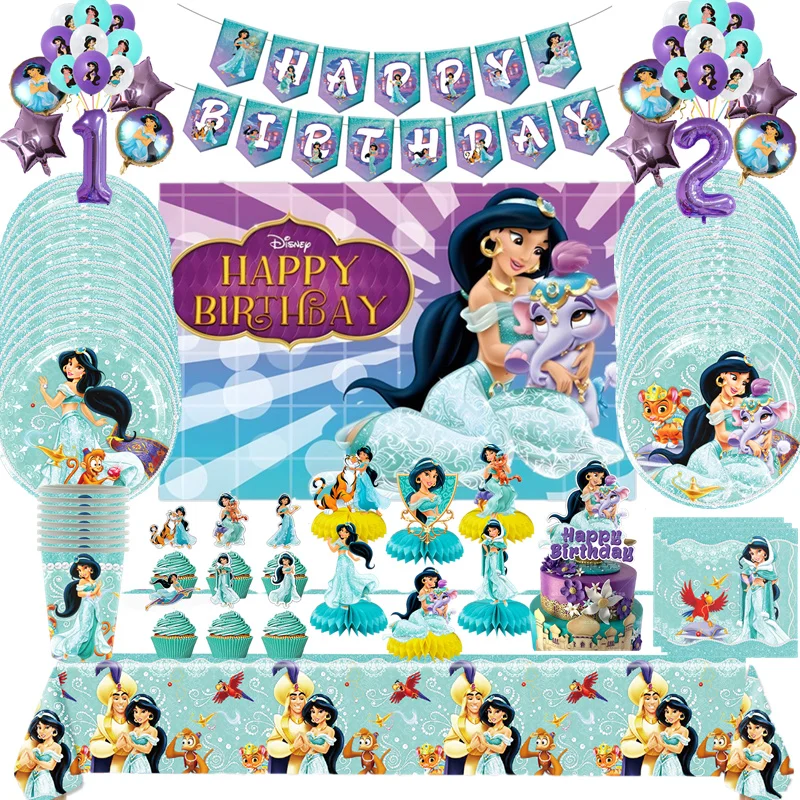 Jasmine Princess Theme Tableware Set Happy Birthday Party Cups Plates Tablecloth Balloons Decorate Girls Kids Favors Supplies