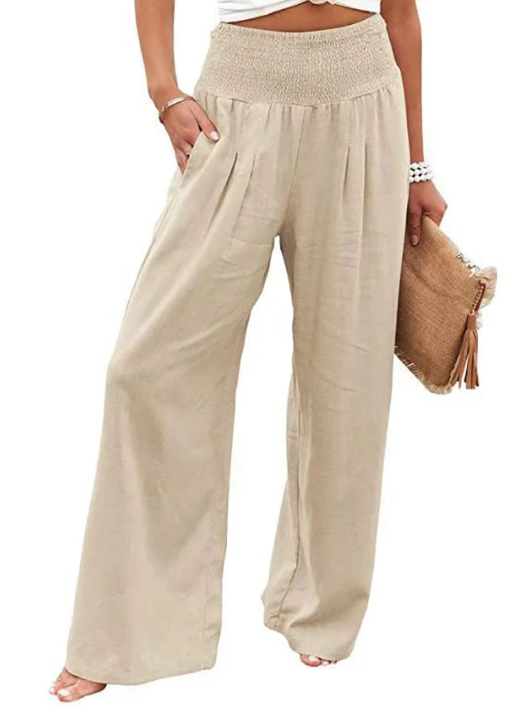 Howal Womens Pants Linen Palazzo Wide Leg Pant High Waist Lounge Pant Beach Casual Pants