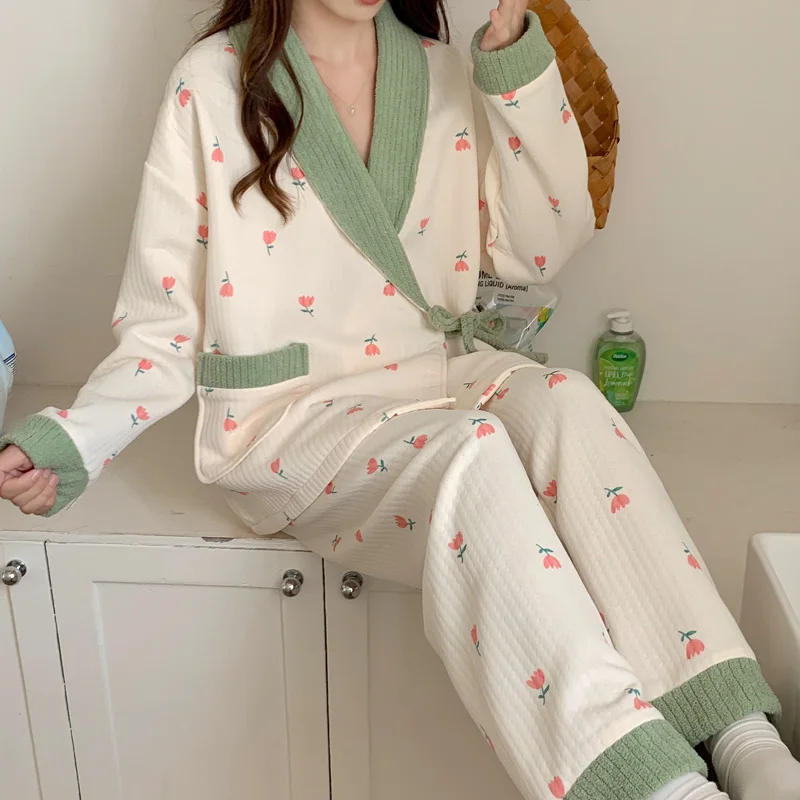 

Plus Size 5XL 4XL Cotton padded Maternity Nursing Sleepwear Sets Autumn Winter Across V Pajamas Pregnancy Home Hospital Lounge