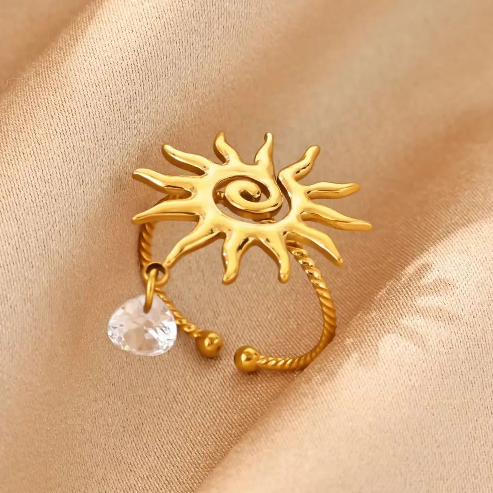 Vintage Spiral-Sonnen-Kristall-Twist-Ringe für Frauen, vergoldeter Edelstahl, verstellbarer Sonnenring, Boho-Himmler-Schmuck