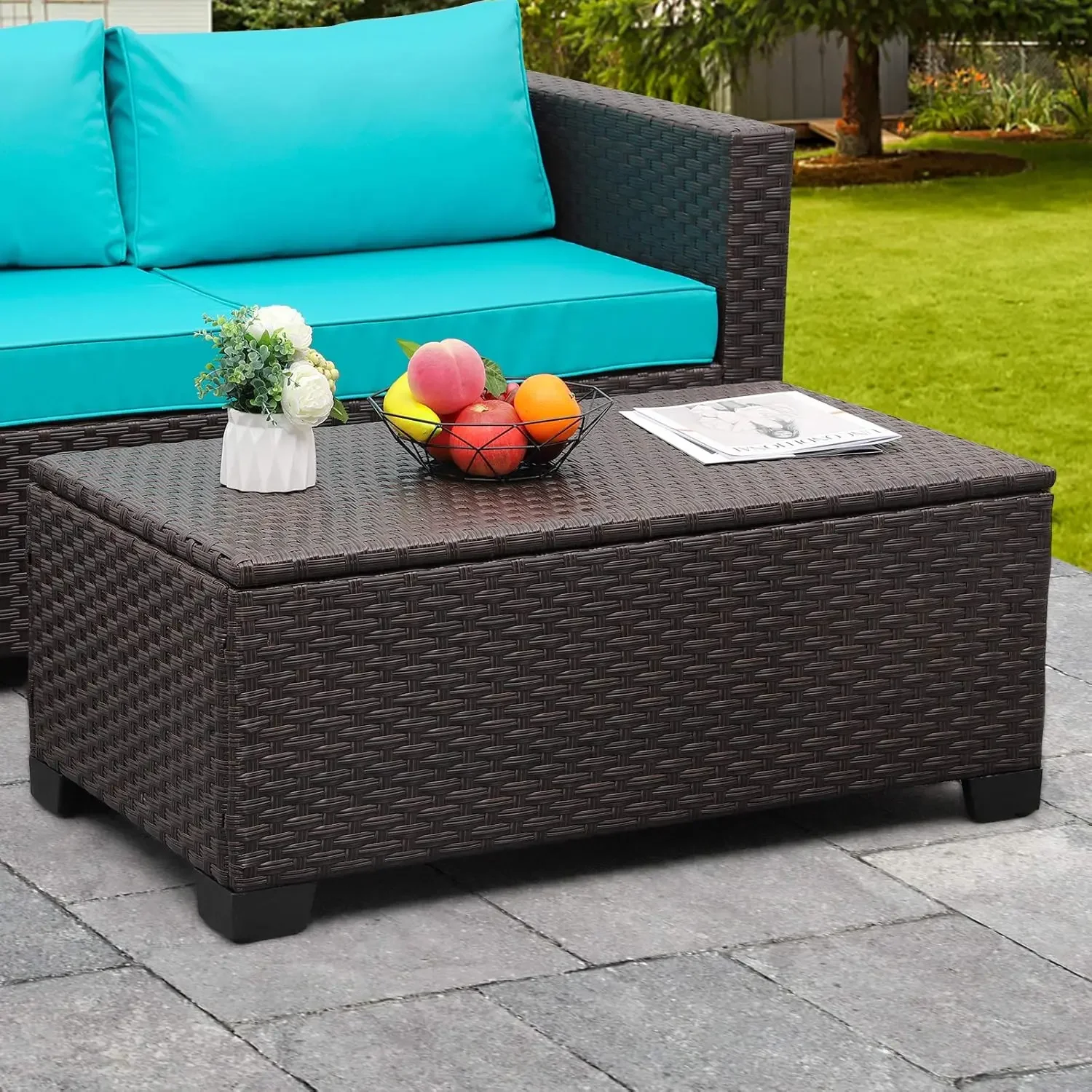 Mesa de almacenamiento al aire libre Mesa de centro de mimbre para patio Mesa auxiliar de mimbre para todo clima con cubierta impermeable, marrón