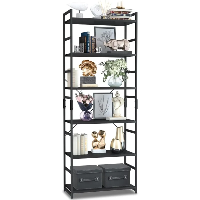 6 Tier Bookshelf, Tall Bookcase Shelf Storage Organizer, Modern Book Shelf for Bedroom, Living Room and Home Office, Black