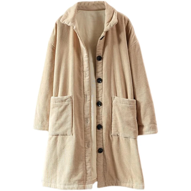 Faionable puur katoenen corduroy Jaet dames herfst winter Koreaanse Sle ritssluiting lange Sve Thiened jas