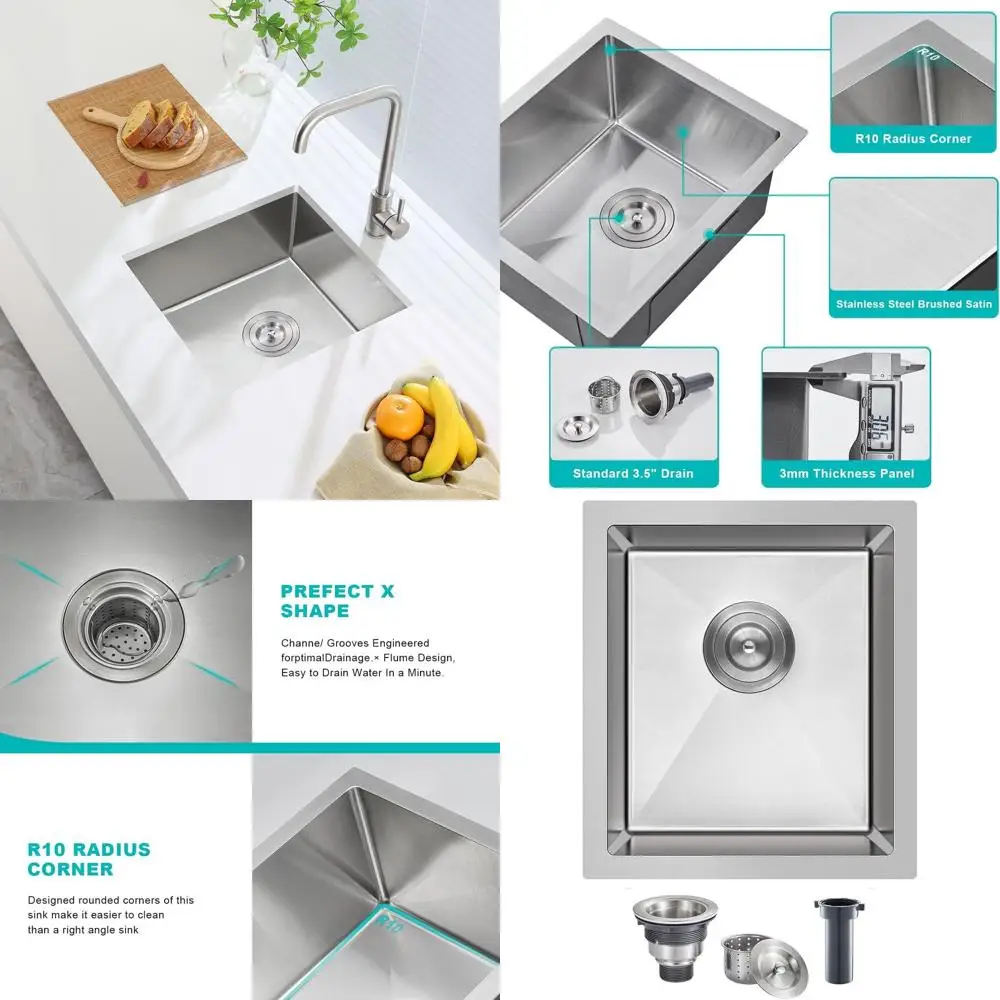 

Stainless Steel Undermount Single Bowl Kitchen Sink, 15x17x8 inches, Handmade Quality