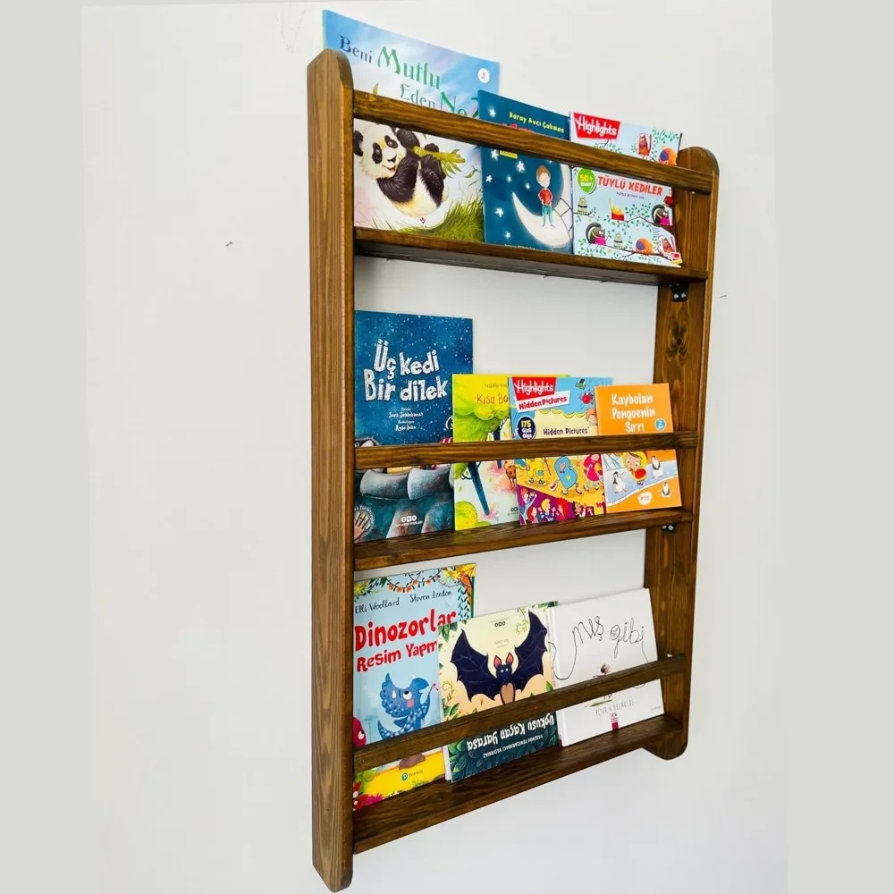 

Real Wood Handmade Walnut Color Kids Wall Mounted Montessori Bookshelf for Nursery, Bedroom, Living Room (3 Tier, 36" Hx24 W)