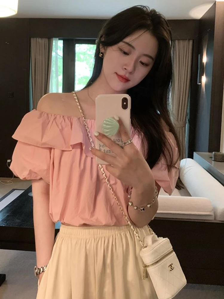 Blouses Women Solid Ruffles Creativity Korean Style Ladies Elegant Age-reducing Prevalent Basic Tender Spring Simple Personality