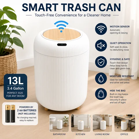 Smart Motion Sensor Trash Can with Lid, Automatic Touchless Garbage Bin, Quiet Close, Odor Control, Water-Resistant Waste Bin for Bathroom, Bedroom, Kitchen