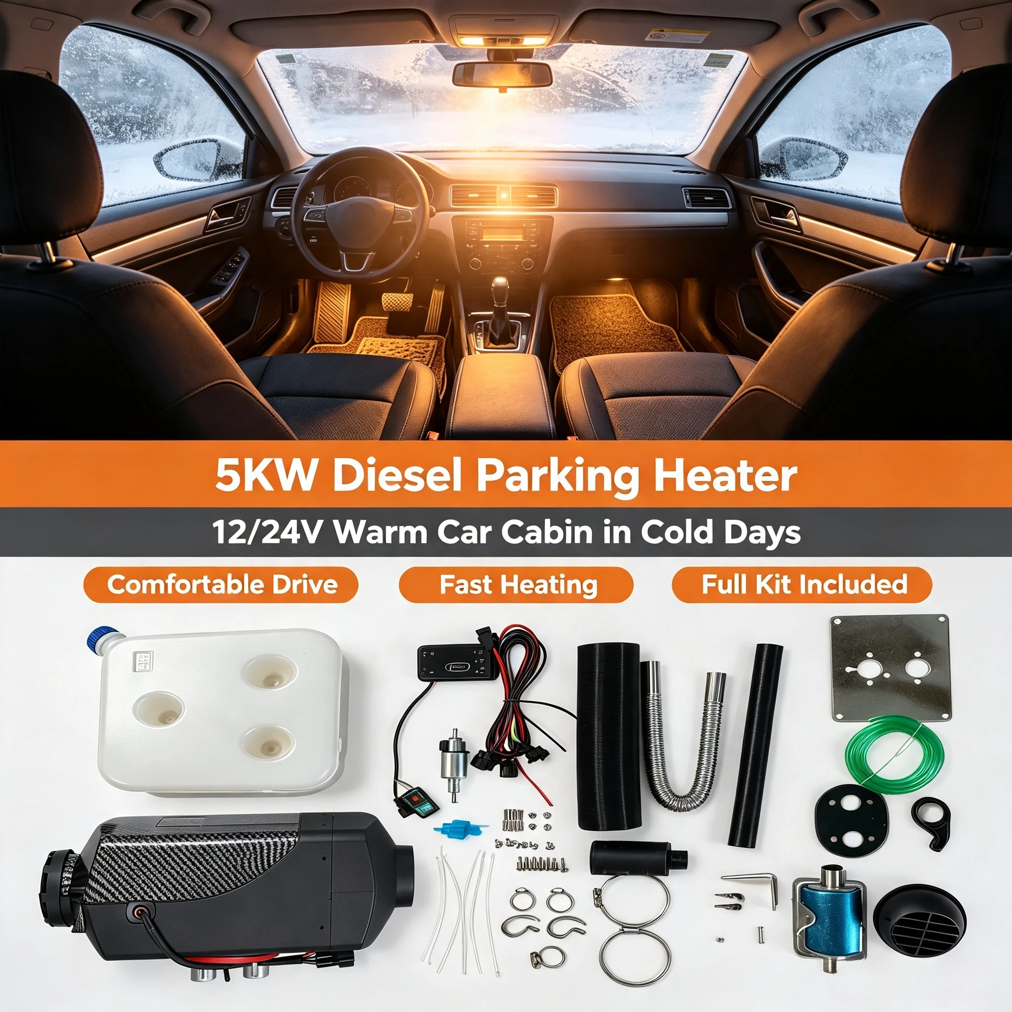 Car Diesel Parking Heater 5KW 12V 24V Fuel Operated Air Heater Remote Control for Truck RV Boat Interior Automotive Supplies